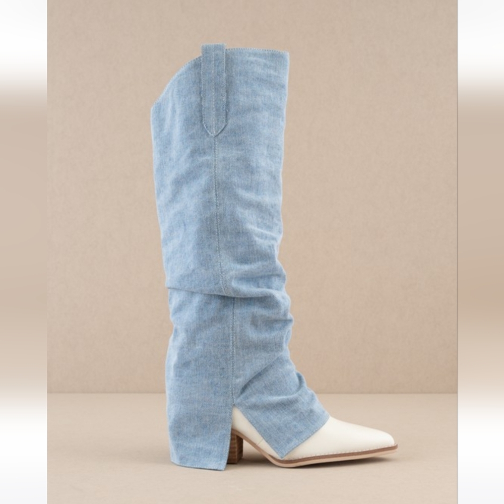 Elegant Denim and White Heeled Boots